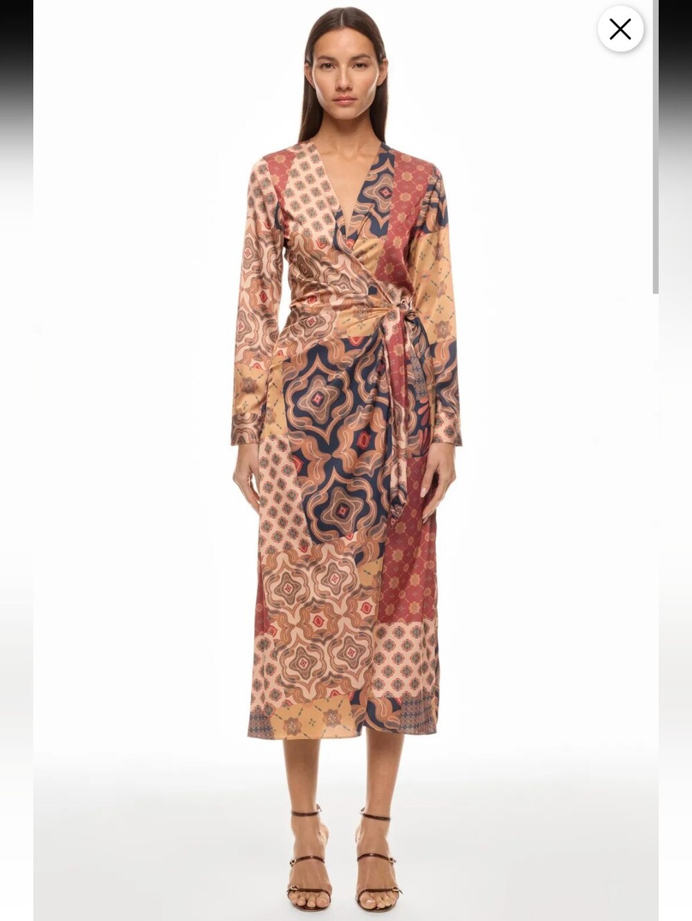Misa Eliza Patchwork Rust Midi Wrap Dress Size M